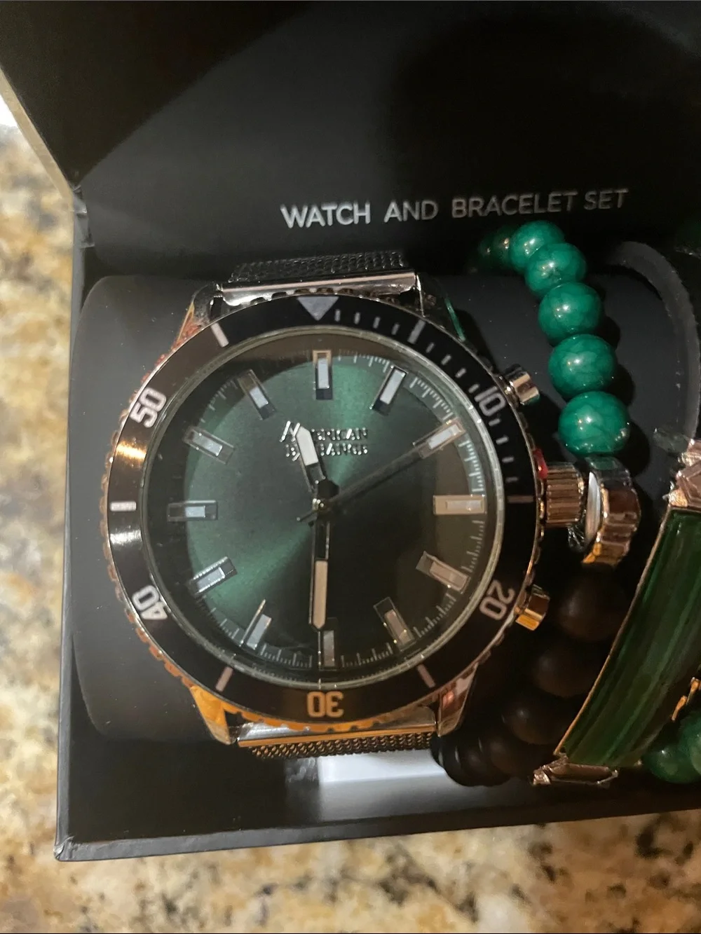American Exchange Green Dial Watch and Coordinating Green & Black Bracelet Set